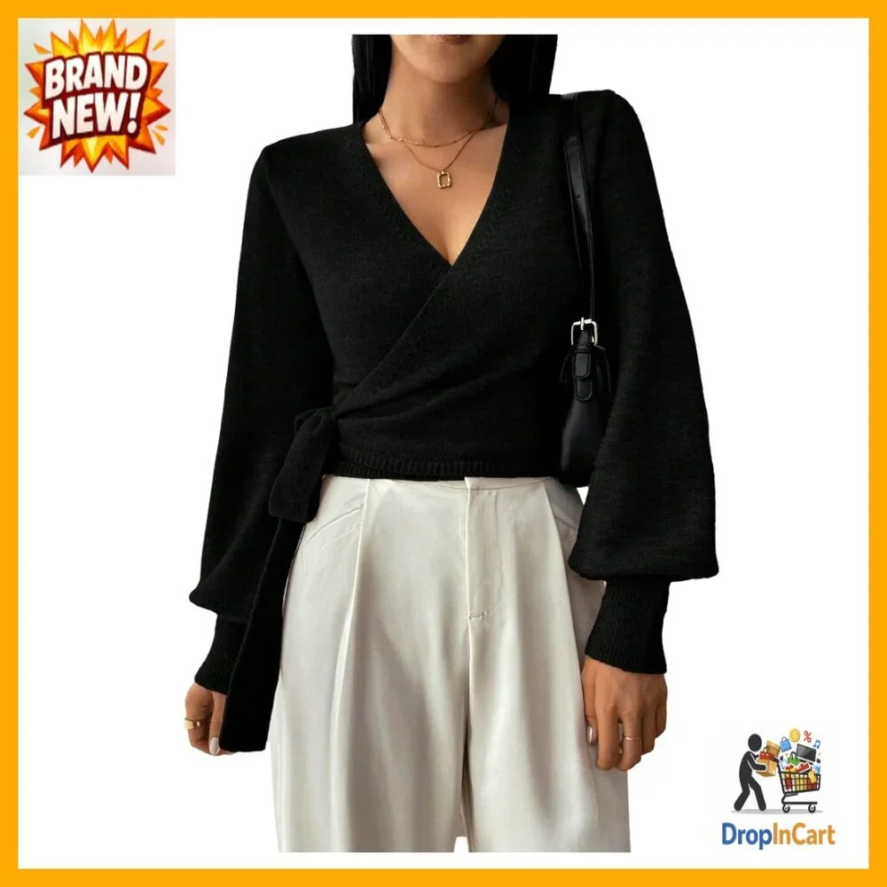 Long Sleeve V-Neck Wrap Belted Sweater Elegant Office Knit Crop Top